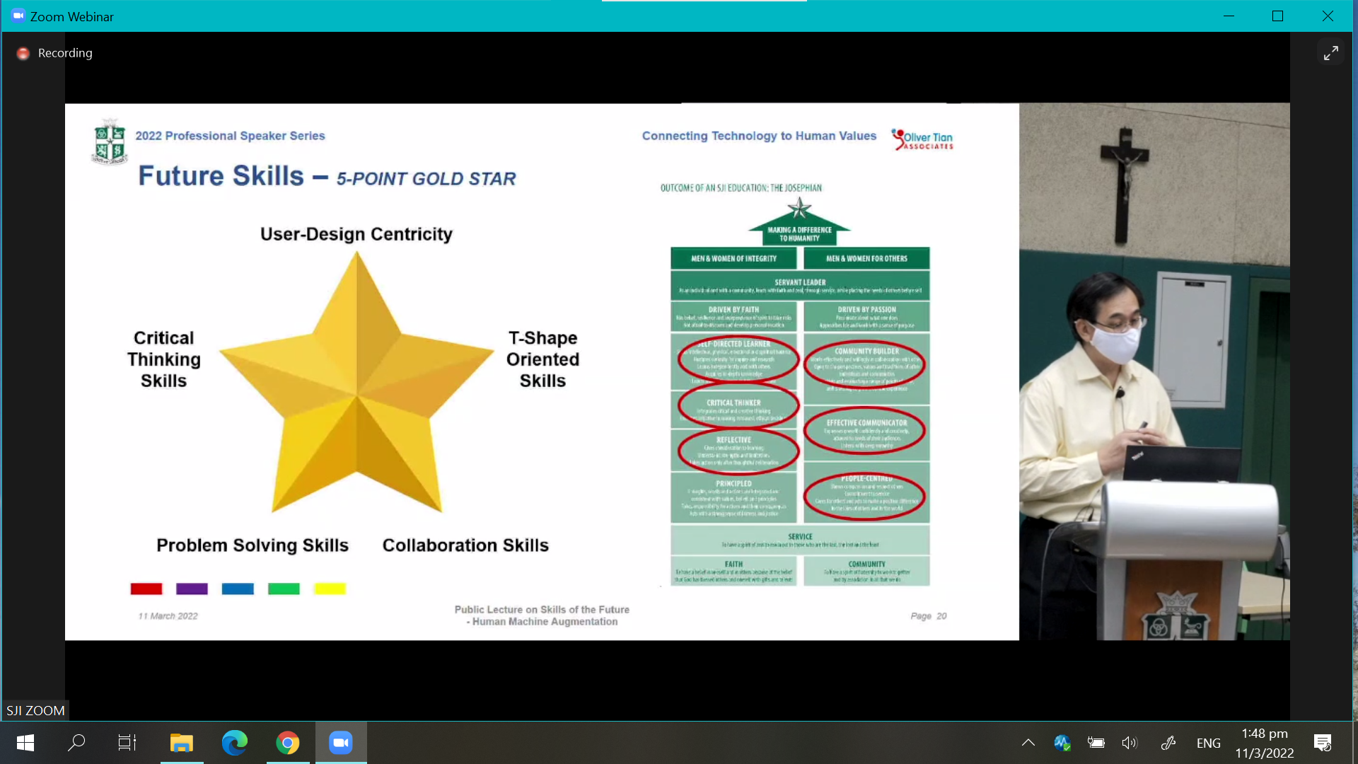 Zoom webinar slide showing Future Skills 5-Point Gold Star diagram, with a masked presenter standing at a podium nearby.